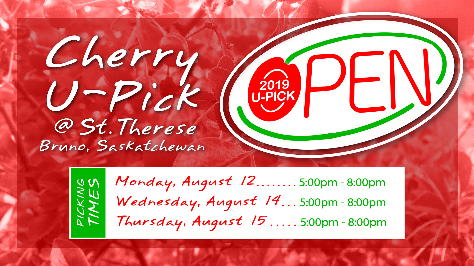 Cherry U-Pick – Additional Picking Dates for 2019 Cherry U-Pick - Additional Picking Dates for 2019